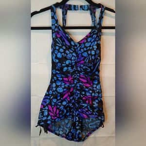 Vintage Maxine Of Hollywood Ruched Blue / Purple / Black One-Piece Size 10
